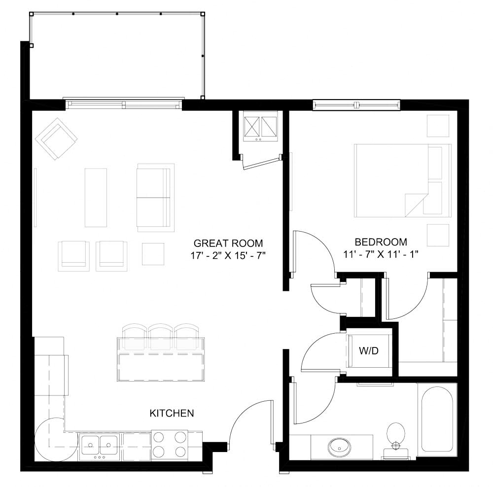 Floor plan for 1 bed, 1 bath, 745 sqft